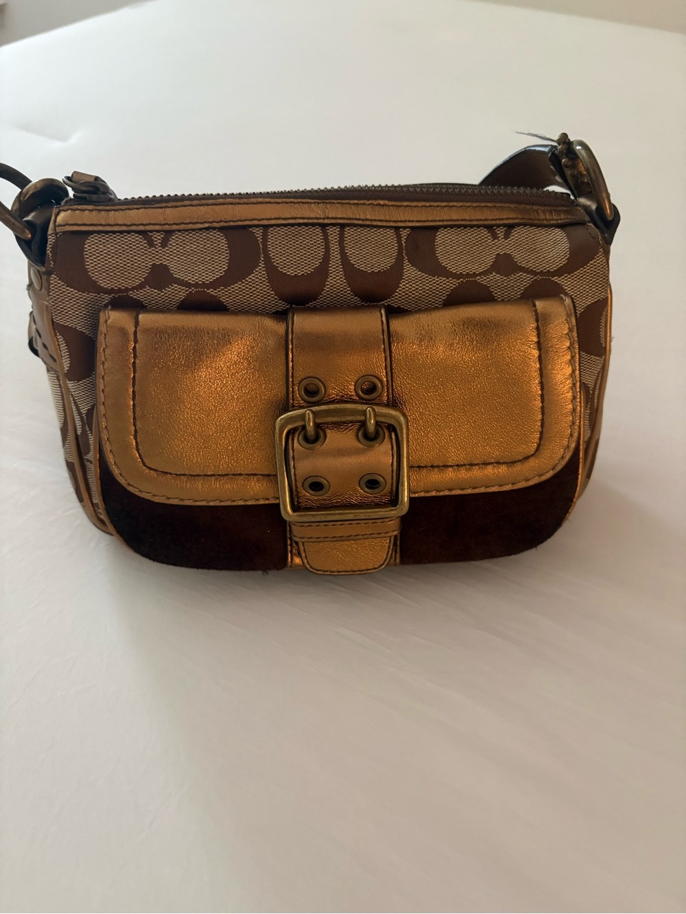 Coach Bronze Metallic and Brown Signature Canvas Crossbody